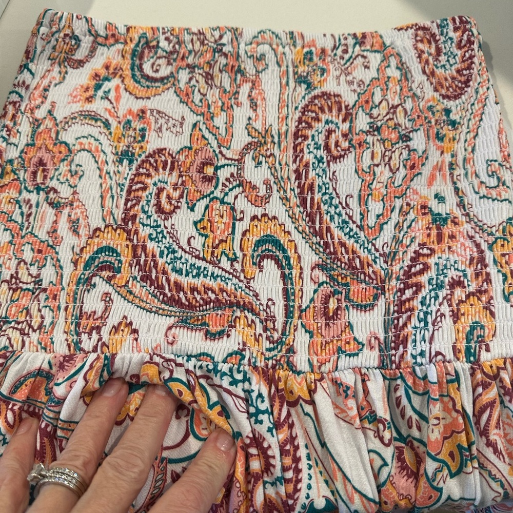 VENUS Strapless Paisley Smocked Dress in White, Teal, Coral, Gold - Size Small
